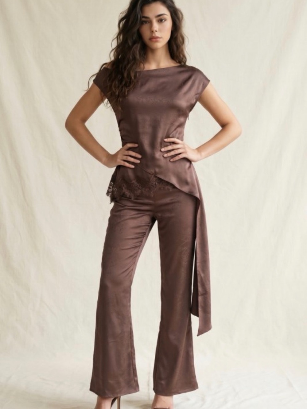 A746. Satin & Lace Asymmetric Waist Tie Pantsuit Set - Brown